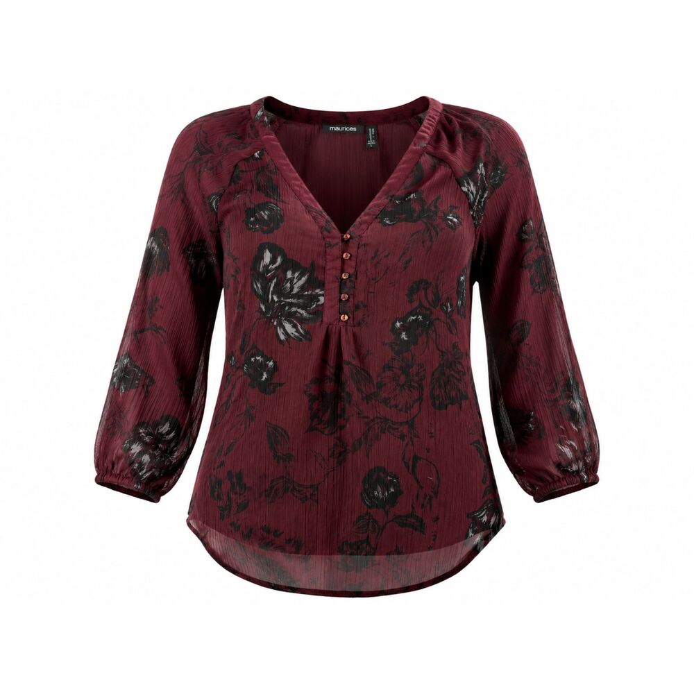 Maurices Burgundy Floral V-Neck Blouse